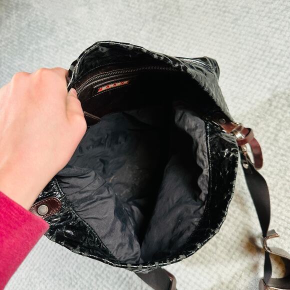 Marni Croc Embossed Black Leather Archival Bag Italy HOBO Brown Shoulder Tote - Picture 8 of 10